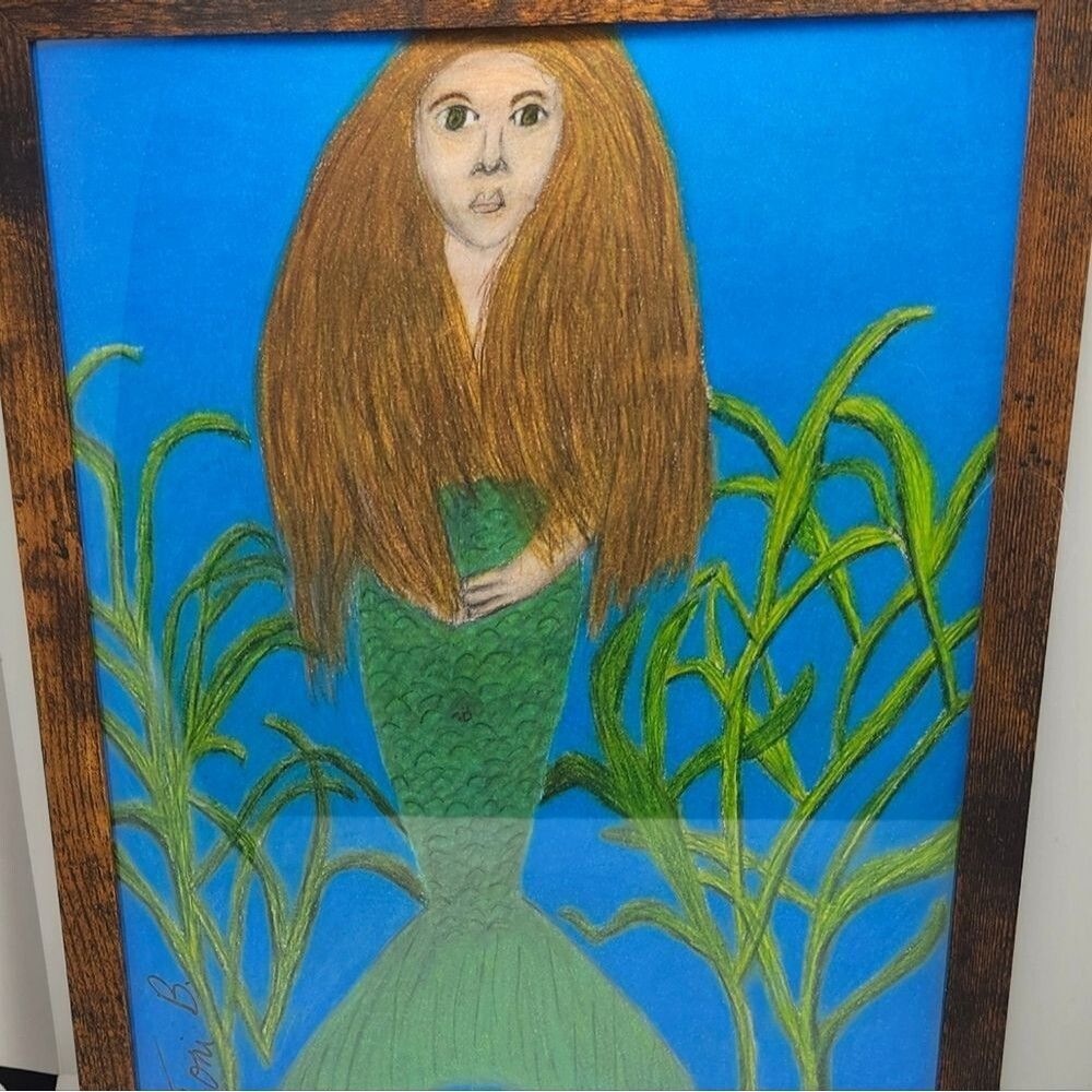Hand Crafted Mermaid Colored Pencil Drawing Framed 9x11"